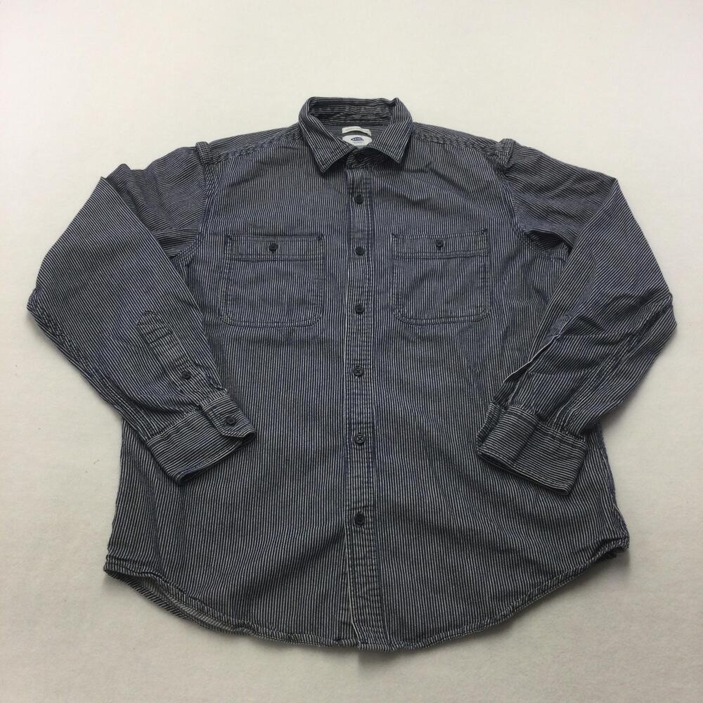 Old Navy Shirt Mens Medium Blue White Striped Regular Fit Pockets Button-Up